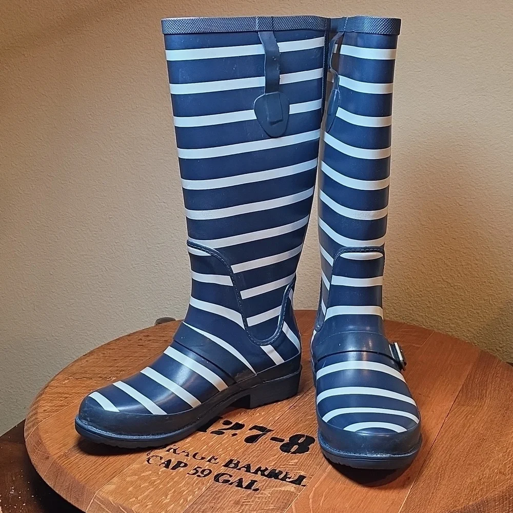 L.L. Bean Navy and White Nautical Striped Rain Boots Wellies Size 8